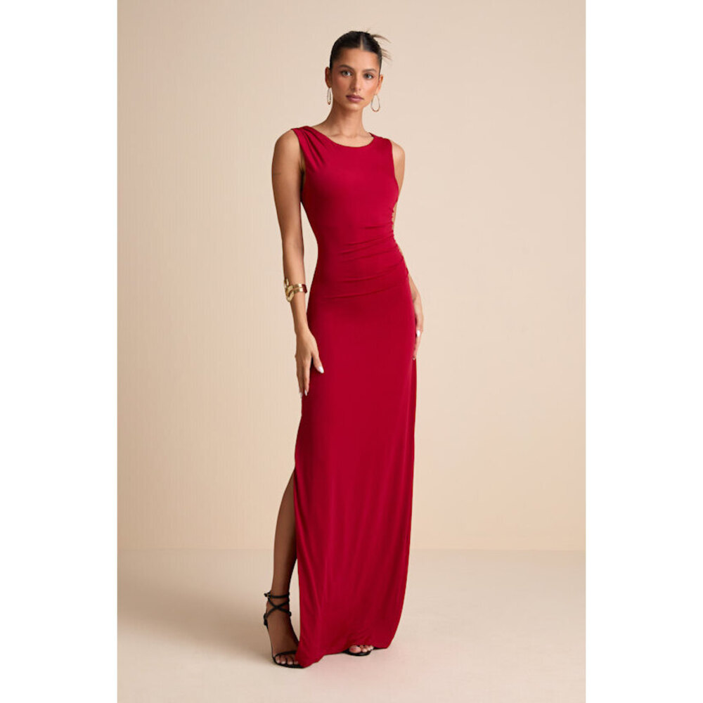Lulus Significant Allure Red Slinky Knit Ruched Maxi Dress - Size M